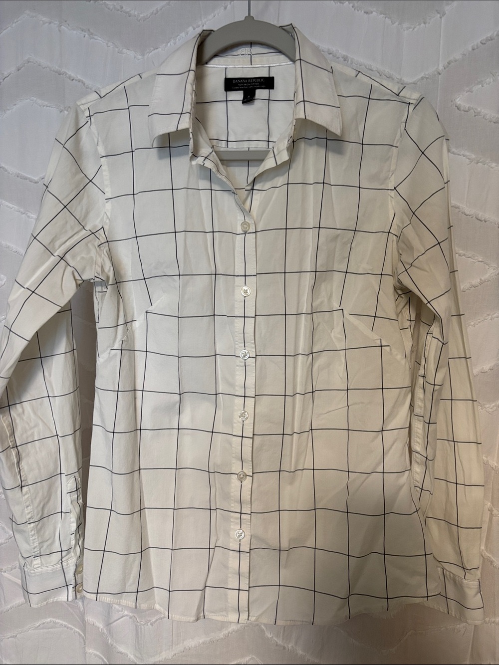 Banana Republic White Button-Down Shirt with Black Windowpane Grid